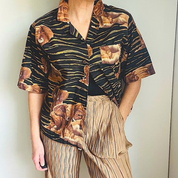 Vintage 80s Safari Style Blouse Cotton Size Medium/Large Elephants Animal Print - Picture 1 of 7